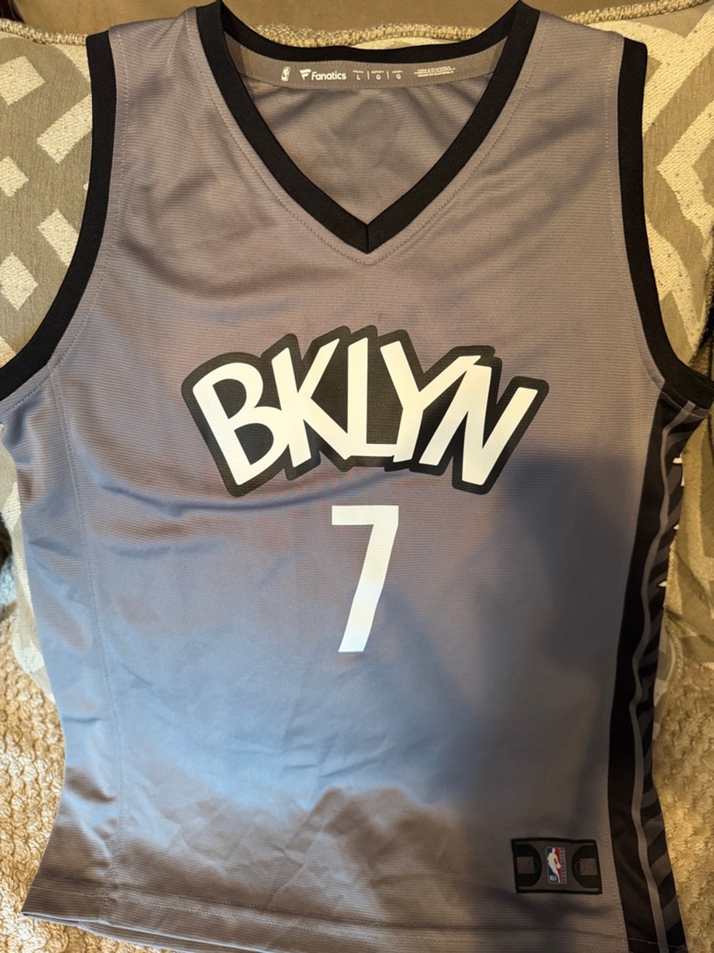 Fanatics BKLYN Gray and Black #7 Basketball Jersey